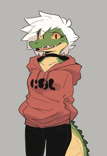score_9, score_8_up, score_7_up, score_6_up, source_furry, source_anime, (short, diminutive, smol), ((anthro, crocodile:1.2), sharp teeth, snout, long snout, crocodile snout, green scales, claws, female, small breasts), (hoodie, choker, bottomless), standing, cute, adorable, thin, petite, (hair, fluffy hair, short hair, white hair), (neutral expression, dominant), solo, simple background, gray background