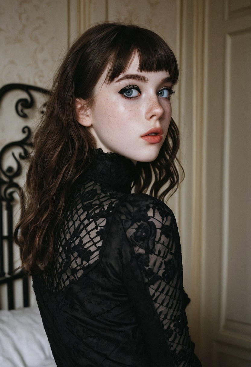 portrait, close up, cute face, beautiful,18 years old, (black bold eyeliner, makeup:1.3), pale skin, young,bangs,freckles, ear,wavy brunette hair,freckles,,interior,fancy bedroom,gothic room,castle interior,petite body, small breasts, beautiful legs, realistic soft skin, looking at viewer, hyperdetailed, analog photo, Cinematic,contrast,high contrast,(very detailed eyes,detailed lips,detailed face,cute,pretty)