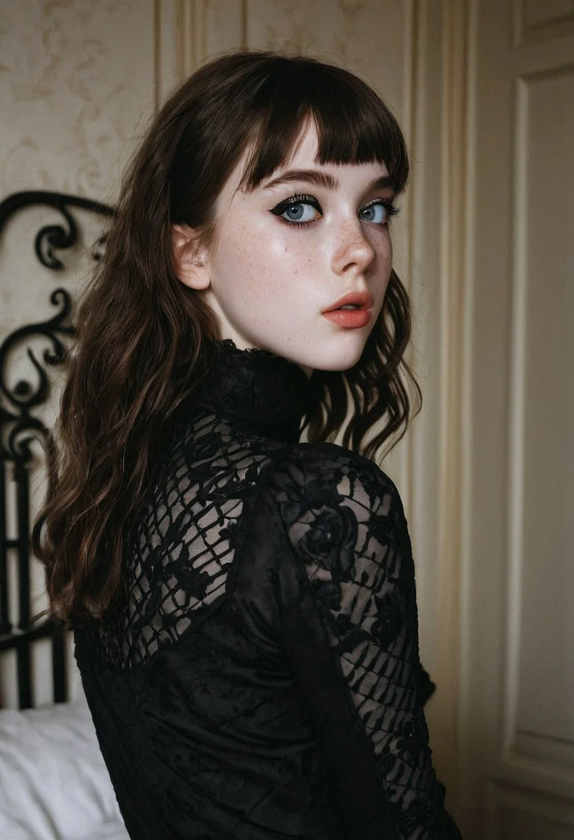 portrait, close up, cute face, beautiful,18 years old, (black bold eyeliner, makeup:1.3), pale skin, young,bangs,freckles, ear,wavy brunette hair,freckles,,interior,fancy bedroom,gothic room,castle interior,petite body, small breasts, beautiful legs, realistic soft skin, looking at viewer, hyperdetailed, analog photo, Cinematic,contrast,high contrast,(very detailed eyes,detailed lips,detailed face,cute,pretty)