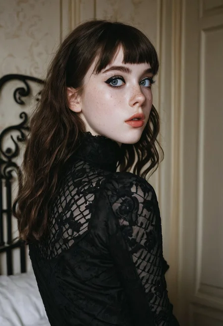 portrait, close up, cute face, beautiful,18 years old, (black bold eyeliner, makeup:1.3), pale skin, young,bangs,freckles, ear,wavy brunette hair,freckles,,interior,fancy bedroom,gothic room,castle interior,petite body, small breasts, beautiful legs, realistic soft skin, looking at viewer, hyperdetailed, analog photo, Cinematic,contrast,high contrast,(very detailed eyes,detailed lips,detailed face,cute,pretty)