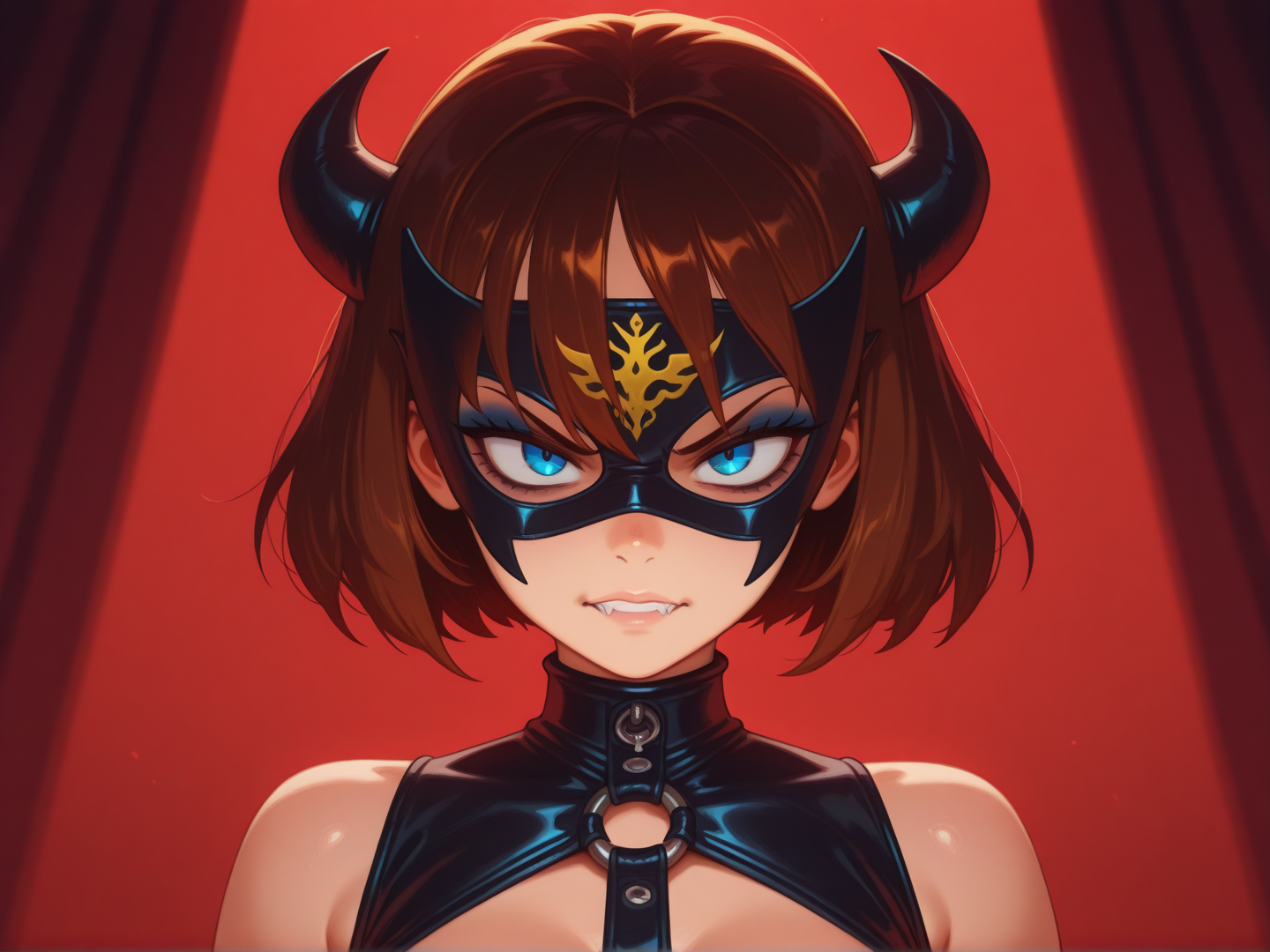 1girl, brunette, blue eyes, wearing a masked dominatrix outfit with dramatic makeup, in a room lit by red neon, commanding presence, fierce expression, explicit power dynamic, edgy aesthetic 
 <lora:DarkfireStyle17:1>