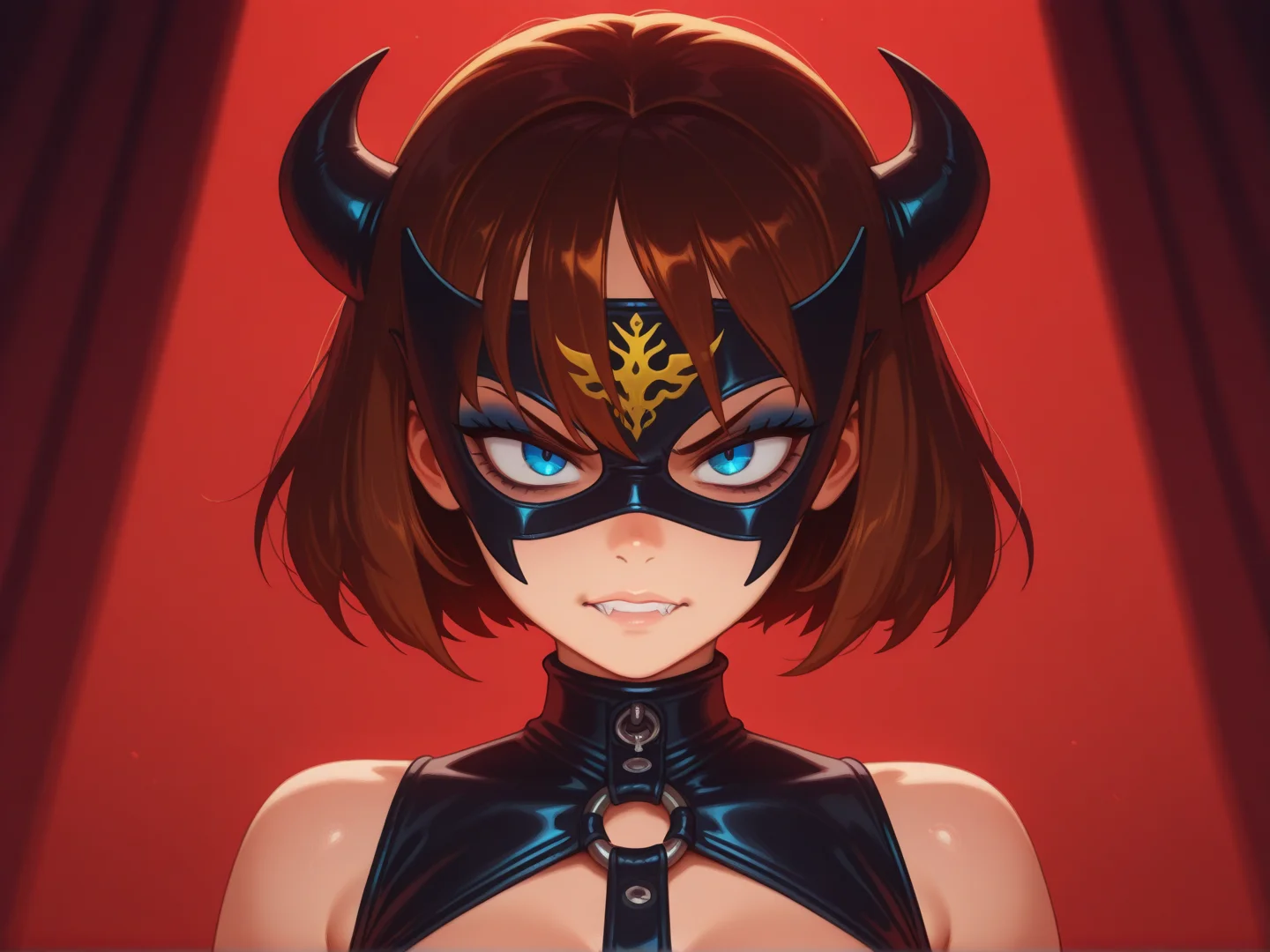 1girl, brunette, blue eyes, wearing a masked dominatrix outfit with dramatic makeup, in a room lit by red neon, commanding presence, fierce expression, explicit power dynamic, edgy aesthetic
<lora:DarkfireStyle17:1>
