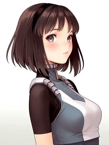 masterpiece,best quality,newest,
1girl,solo,
<lora:nagase_mari_ilxl_v1.0:1>,mari,black hair band,bob_cut,brown hair,grey eyes,
r_suit,turtleneck,skin tight,bodysuit,crop top,short sleeves,fingerless gloves,leotard,<lora:Fixhands_anime_bdsqlsz_V1:1>,looking_at_viewer,light_blush,cinematic_angle,looking_at_viewer,white_background,simple_background,upper_body,face_focus,portrait,from_back,looking_back,