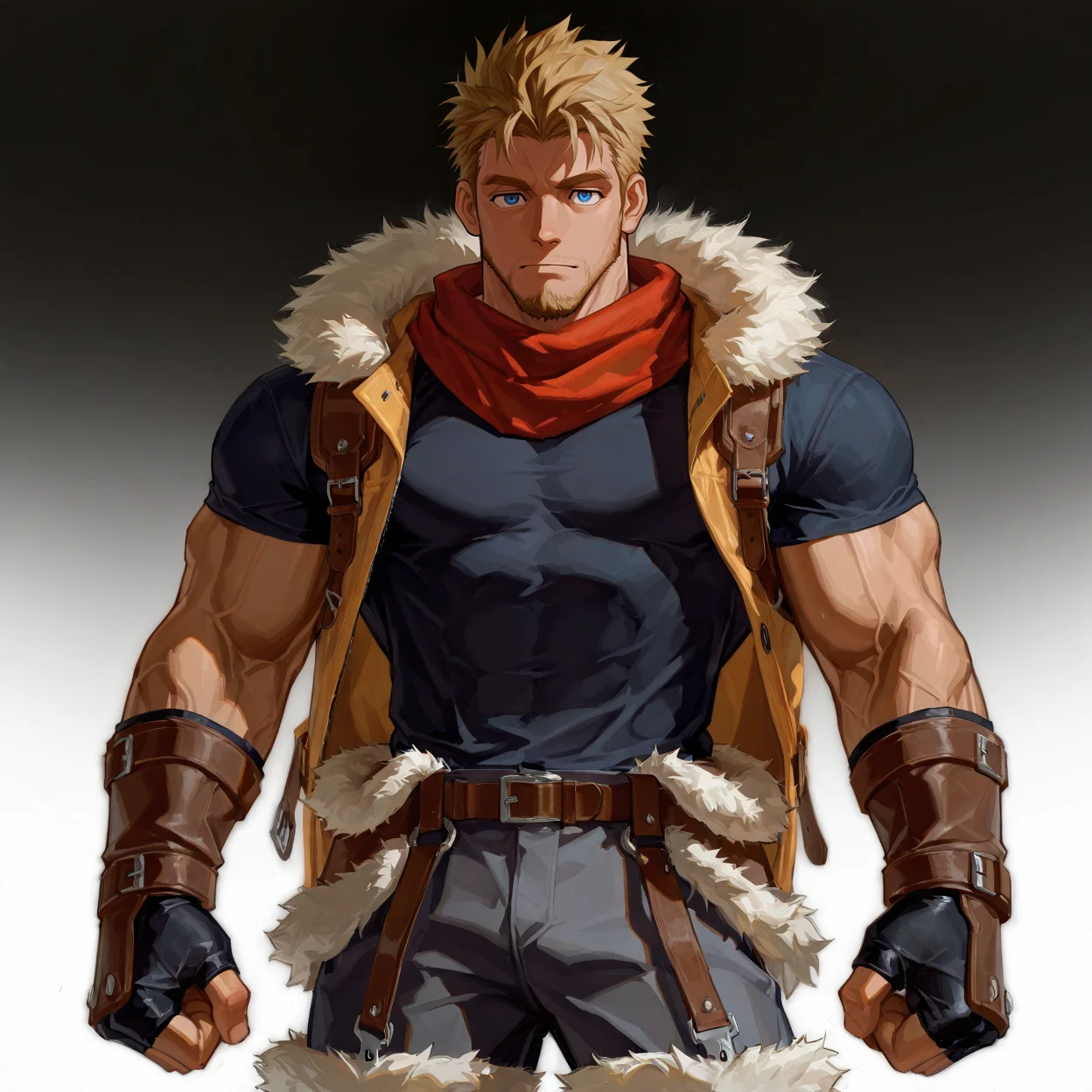 <lora:Tomas__Alchemist_Code-000004:.5>, tagatametomas, 1boy, blonde, spiked hair, side fade, blue eyes, solo, male focus, manly, bara, mature male, muscle body, scarf, short sleeve, shirt, fingerless gloves, pants, fur trim, boots,
cowboy shot,
(very short hair, beard, bara, mature, facial hair, stubble, beard, full beard, sideburn, beard, a lot of beard, ), facial hair,male focus, muscular male, muscular male, bara, mature, bara, mature, aixiwuganda_(20222192), very awa, masterpiece, best quality, absurdres, newest, perfect quality, detailed background, intricate details,
<lora:slider_Body Type_alpha1.0_rank4_noxattn_last:3><lora:Anime Summer Days 2 Style SDXL_LoRA_Pony Diffusion V6 XL:.6><lora:slider_cfg_scale_boost:.7><lora:Artist6p:.55>, Artist6p, Artist04p,<lora:slider_il_brightness_slider_d1:-1><lora:slider_il_contrast_slider_d1:-1><lora:slider_DarkSlider1.2_alpha1.0_rank16_full_300steps:-.6>