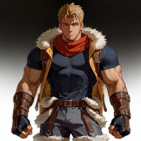 <lora:Tomas__Alchemist_Code-000004:.5>, tagatametomas, 1boy, blonde, spiked hair, side fade, blue eyes, solo, male focus, manly, bara, mature male, muscle body, scarf, short sleeve, shirt, fingerless gloves, pants, fur trim, boots,
cowboy shot, 
(very short hair, beard, bara, mature, facial hair, stubble, beard, full beard, sideburn, beard, a lot of beard, ), facial hair,male focus, muscular male, muscular male, bara, mature,  bara, mature, aixiwuganda_(20222192), very awa, masterpiece, best quality, absurdres, newest, perfect quality, detailed background, intricate details,
<lora:slider_Body Type_alpha1.0_rank4_noxattn_last:3><lora:Anime Summer Days 2 Style SDXL_LoRA_Pony Diffusion V6 XL:.6><lora:slider_cfg_scale_boost:.7><lora:Artist6p:.55>, Artist6p, Artist04p,<lora:slider_il_brightness_slider_d1:-1><lora:slider_il_contrast_slider_d1:-1><lora:slider_DarkSlider1.2_alpha1.0_rank16_full_300steps:-.6>