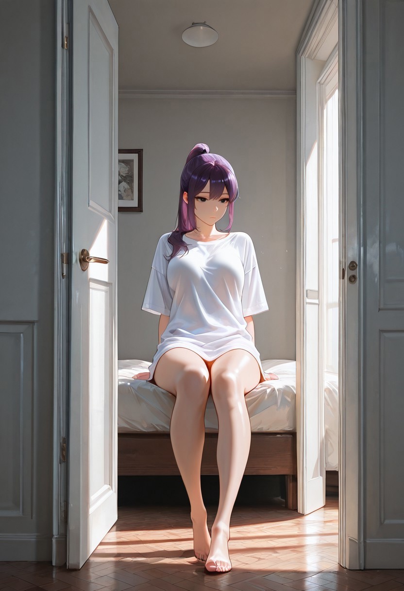 best quality, masterpiece, ultra-HD, cinematic lighting,aesthetic,drpeek,1girl,adult,solo, purple hair,ponytail,black eyes,eyes detail,white oversized short shirt,bare legs,bare feet,medium breasts,in bedroom,decorate,open door, opening door, full body view,sitting on the ground,BREAK, sunlight, indoors, absurdres, volumetric lighting, tack sharp focus, beautiful composition, intricate detail, professional illustration
