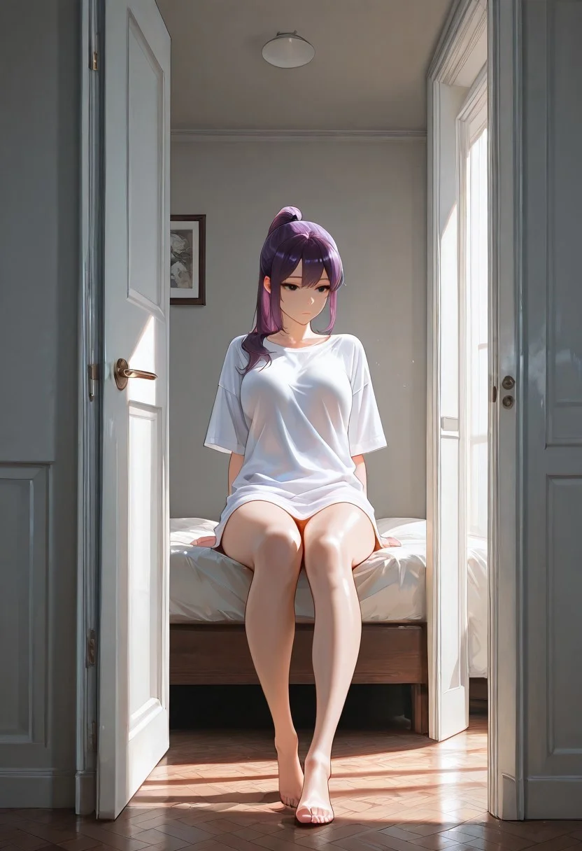 best quality, masterpiece, ultra-HD, cinematic lighting,aesthetic,drpeek,1girl,adult,solo, purple hair,ponytail,black eyes,eyes detail,white oversized short shirt,bare legs,bare feet,medium breasts,in bedroom,decorate,open door, opening door, full body view,sitting on the ground,BREAK, sunlight, indoors, absurdres, volumetric lighting, tack sharp focus, beautiful composition, intricate detail, professional illustration