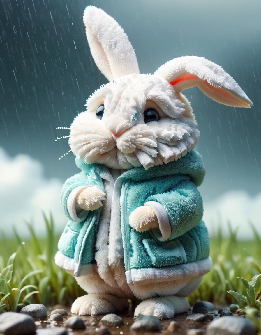 tilt-shift photo of selective focus, miniature effect, blurred background, highly detailed, vibrant, perspective control, natural Tilt Shot (Whimsically artistic) , adorable extra (fluffy: 1.3) chubby miniature bunny wearing an wet ral-towl rain coat, wet grassland, tiny rocks, magical, macro photography, (enchanting:1.3), (luminous:1.2), (oversized flora:1.1), mystical, vibrant photography, shimmering light, dreamy, whimsical, serene, soft-focus, hyper-detailed digital art, rain, clouds, sad bunny face <lora:ral-towl:1>