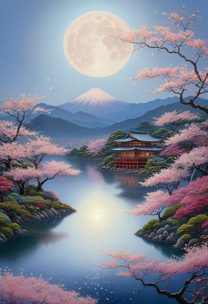 seductive beauty, closeup, beautiful face, fragile beauty, pretty eyes, stunning artwork, psychodelic scenic japan night landscape, sakura garden, mountains, lake, perfect composition, full moon, haze, low angle, masterpiece, award winning,, ultra detailed, highly detailed, 8k, uhd