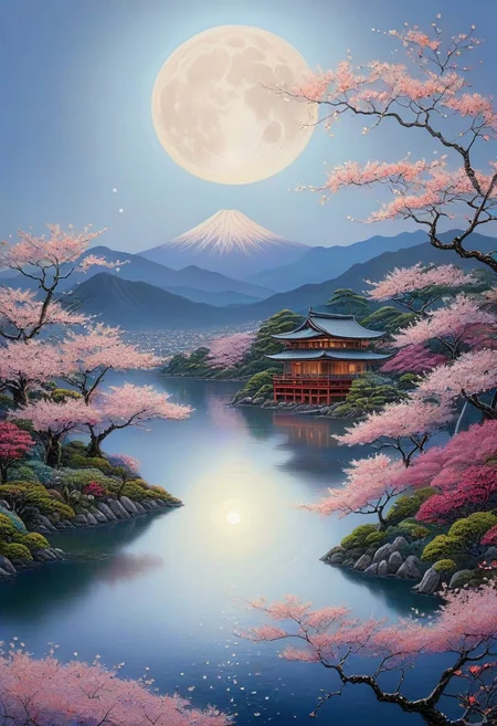 seductive beauty, closeup, beautiful face, fragile beauty, pretty eyes, stunning artwork, psychodelic scenic japan night landscape, sakura garden, mountains, lake, perfect composition, full moon, haze, low angle, masterpiece, award winning,, ultra detailed, highly detailed, 8k, uhd