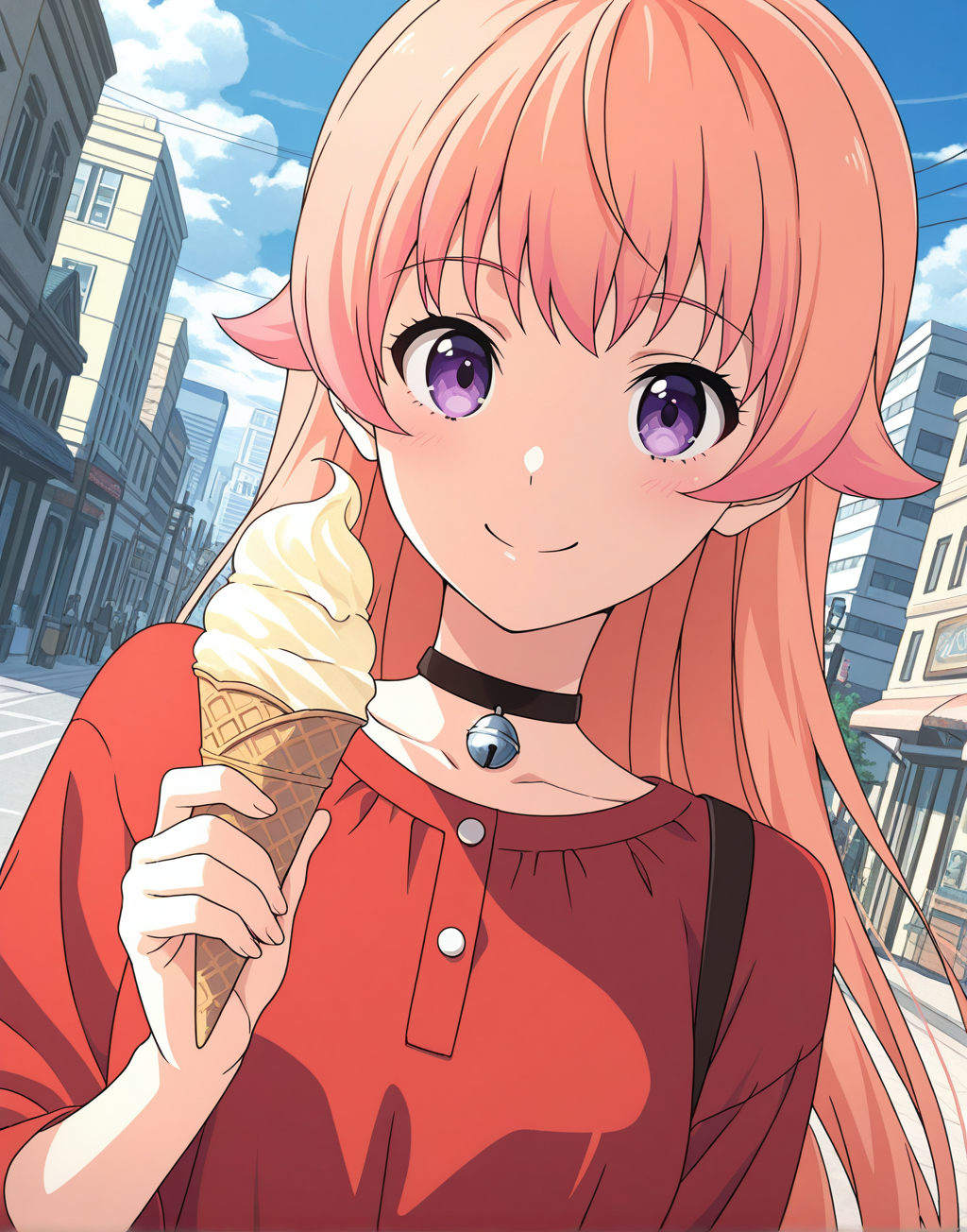 NicoW, peach hair, red shirt dress, 1girl, solo, long hair, purple eyes, neck bell, bell, looking at viewer, bangs, 
good anatomy, skin detailed, looking around, smile, walking through streets, holding ice cream, afternoon, sky, clouds, outdoors, modern city, buildings around, dutch angle, technicolor, detailed, 4k, best quality, masterpiece, intricate details, intricate colors, illustration, cinematic, cinematic shading, ray tracing, anime,anime screencap, anime coloring, anime screenshot, face close up