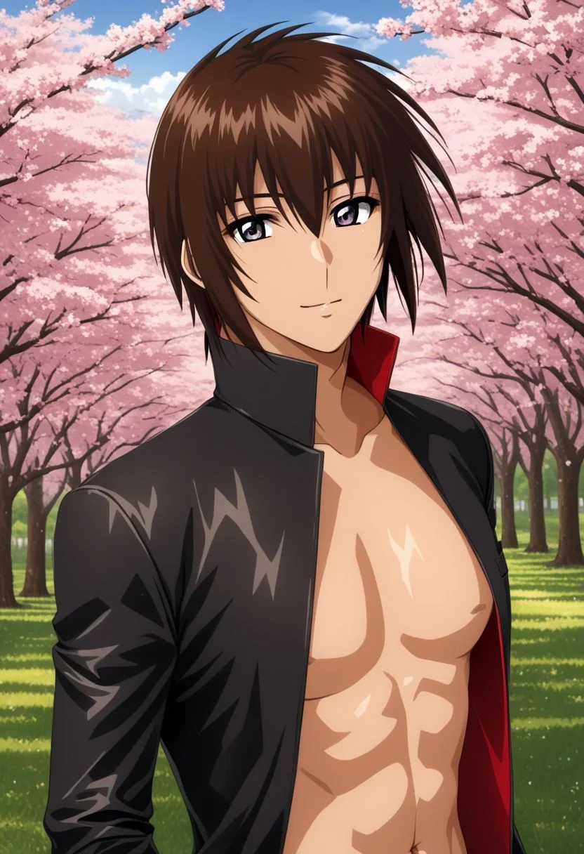ASCII kira_yamato, hair parting left, 1man, mature adult male focus, solo, black jacket with red lining, black stripes, slim, thin waist, warm beige skin, brown hair,
detailed symmetric glossy eyes, expressive eyes, large purple eyes, looking at the viewer,
sexy posing, sakura trees background, sweaty,
detailed torso, full body portrait,
masterpiece, best quality, ultra high res, intricate detail, clamshell warm lighting
