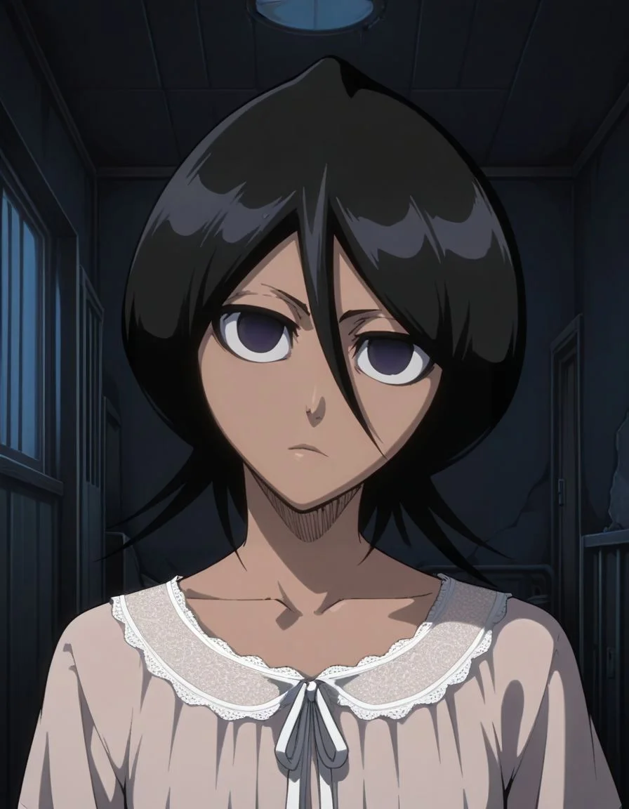 masterpiece, best quality, <lora:Mind_Controlled_Rukia:1>, 4ukia, short hair, black hair, dark purple eyes, expressionless, mind control, empty eyes, (head tilt, nightgown:1.2), face focus, abandoned japanese bedroom, kuchiki rukia, bleach,