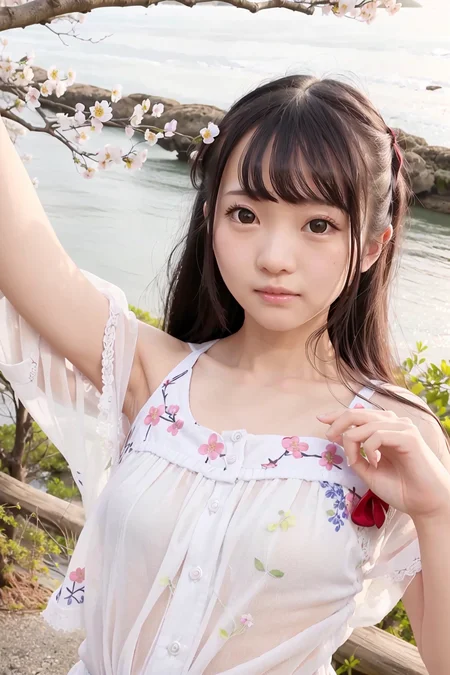 (4k, best quality), (realistic, photo-realistic),1girl, solo,(upper body),
long_hair, black_hair,facing viewer, close-up,
beautiful detailed eyes,small eyes, lips,
(smile),(looking at viewer),shirt,
outdoors,river, sunny,cherry blossoms,
<lora:remu_hayami_v10:0.7>