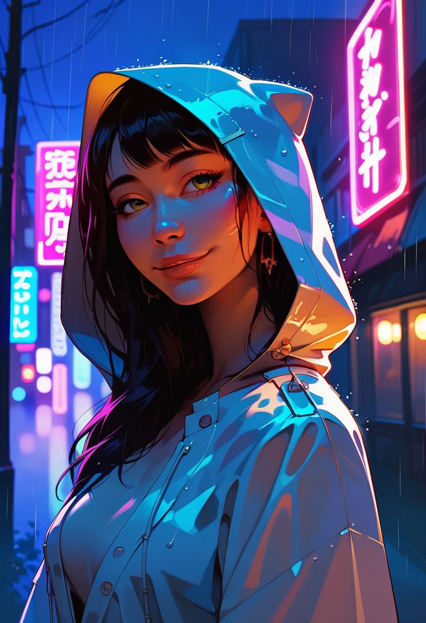 score_9, score_8_up, score_7_up, score_6_up, score_5_up, score_4_up, sexy asian girl , cute smile , hooded raincoat ,  aesthetic , side portrait , half body portrait , tokyo street , street lights , neon lights , raining , light signs