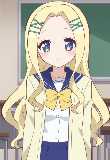 score_9, score_8_up, score_7_up, score_6_up, score_5_up, score_4_up , anime coloring ,BREAK source_anime, anime,screencap,
1girl, solo, gjbu geraldine, long hair, hair ornament, school uniform, yellow bow, white shirt, blue skirt, yellow cardigan, blue sailor collar, open cardigan <lora:PonyXL GJBU Geraldine V1:1>
indoors, classroom,
smile, looking at viewer, upper body
