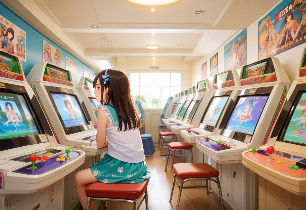 score_9, score_8_up, score_7_up, rating_safe, masterpiece, best quality, absurdres, unity 8k wallpaper, official art, official style, source_anime, uncensored, game cg, megami magazine,
game_center, scenery, japan, arcade cabinet, poster (object), indoors, multiple girls, sitting
<lora:gamecenter_pony_V1:1>