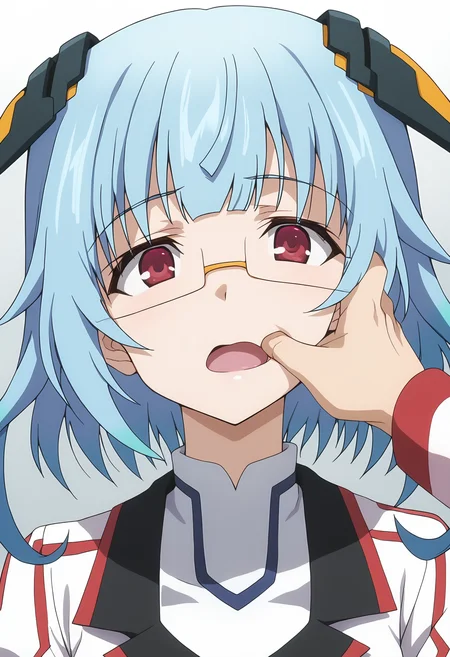 score 7 up, source anime, 1girl, , <lora:kanzashi-sarashiki-s2-ponyxl-lora-nochekaiser:1> kanzashi sarashiki, red eyes, blue hair, glasses, semi-rimless eyewear, , <lora:_sdxl-fingercandy-pony:1> fingercandy,,