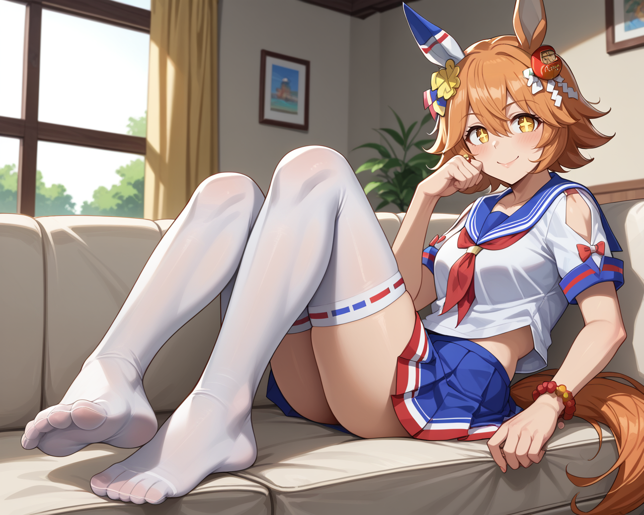 score_9,score_8_up,score_7_up,2D animation style,source_anime,anime screencap,rating_explicit,best quality,masterpiece,Japanese Anime Style,solo,looking at viewer,<lora:uma_matikanefukukitaru_ponyxl:0.9>,matikanefukukitaru (umamusume),orange hair,short hair,yellow eyes,cross pupils,+_+,horse ears,single ear cover,horse tail,horse girl,school uniform,serafuku,blue sailor collar,clothing cutout,(shoulder cutout),short sleeves,white shirt,red neckerchief,bead bracelet,blue skirt,pleated skirt,ema,ribbon-trimmed legwear,white thighhighs,smug,indoor,sitting,sofa,foot focus,toes,on_side,lying,embarrass,shy,head rest,crossed_legs,depth of field,dynamic_angle,foreshortening,lying on sofa,side view,