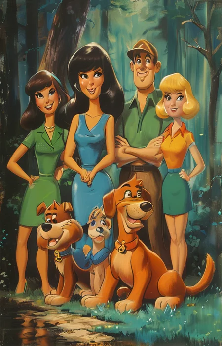 masterpiece,best quality,<lora:tbh285-sdxl:0.9>,illustration,style of Hanna-Barbera portrait of family