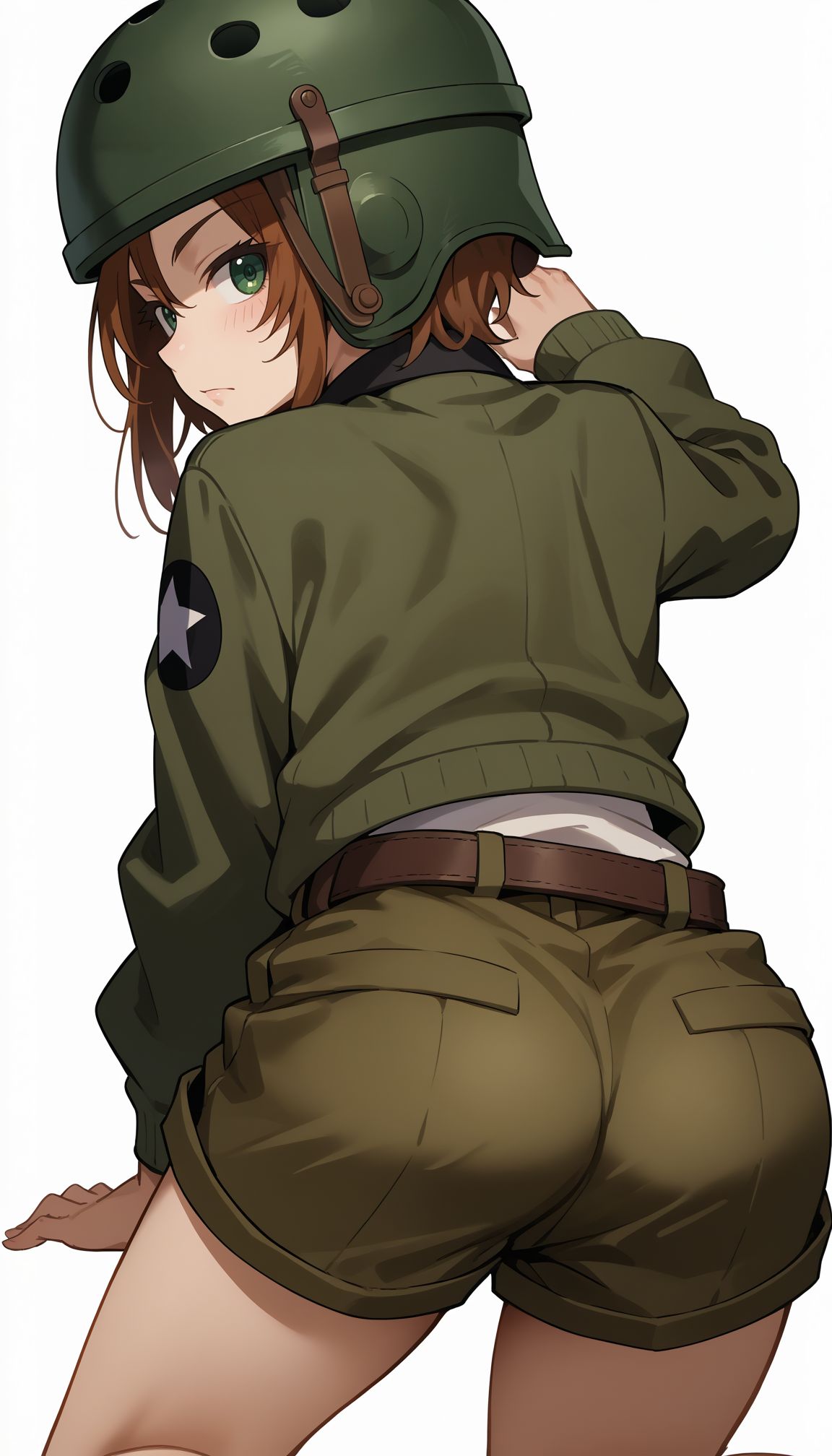 score_9, score_8_up, score_7_up, source_anime,
 <lora:GUPHelmet:1>, GUPHelmet, 1girl, saunders military uniform, helmet, shorts, brown hair, ass, short hair, looking back, all fours, looking at viewer, green eyes, white background, jacket, long sleeves, simple background, from behind, belt