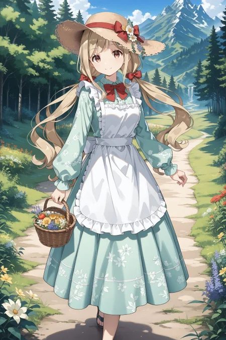 score_max, (score_9, score_8_up, score_7_up:1.2), score_6_up, official art, source_anime,
, masterpiece, absurdres, high detail, 8k,
mountain, forest, road, sunbeam,
walking, holding basket, picnic basket, light smile,
kamotti, sun hat, hat flower, low-twintails, very long hair, hair bow, red bow, light green dress, long sleeves, bowtie, white apron, frilled apron, floral print
<lora:XL_Pony_gomaotsu-chamomile-t1:1.0>
