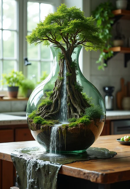 an amphora, lying on a kitchen table. a waterfall flows from the glass amphora; in the amphora, a green world, with majestic trees. the waterfall overflows into the real world and into the kitchen, surrealism,