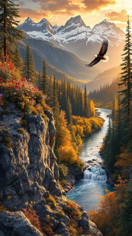 In the warm light of sunset, a majestic eagle soars overhead as the American wilderness unfolds before us. A rugged rocky outcrop, adorned with vibrant wildflowers, overlooks the serene river winding through the valley below. The forest's towering trees, their leaves tinged with autumn's warm hues, stretch towards the sky. A cascading waterfall feeds into the river, its gentle melody a symphony of nature. In the background, snow-capped peaks rise majestically, bathed in the golden light of sunset, their mirrored reflections rippling across the tranquil waters.
The rocky outcrop's rough texture is juxtaposed with the delicate petals of the wildflowers, while the forest's intricate foliage and the eagle's soft plumage contrast with the river's smooth surface. The warm lighting casts a soft glow on the landscape, inviting contemplation and awe. Every element contributes to a harmonious composition that celebrates the grandeur and tranquility of this vast, untamed wilderness.