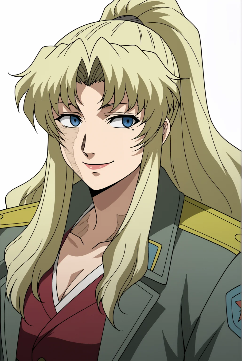 <lora:Balalaika:0.8>, Balalaika, military jacket, upper body, white background, smile