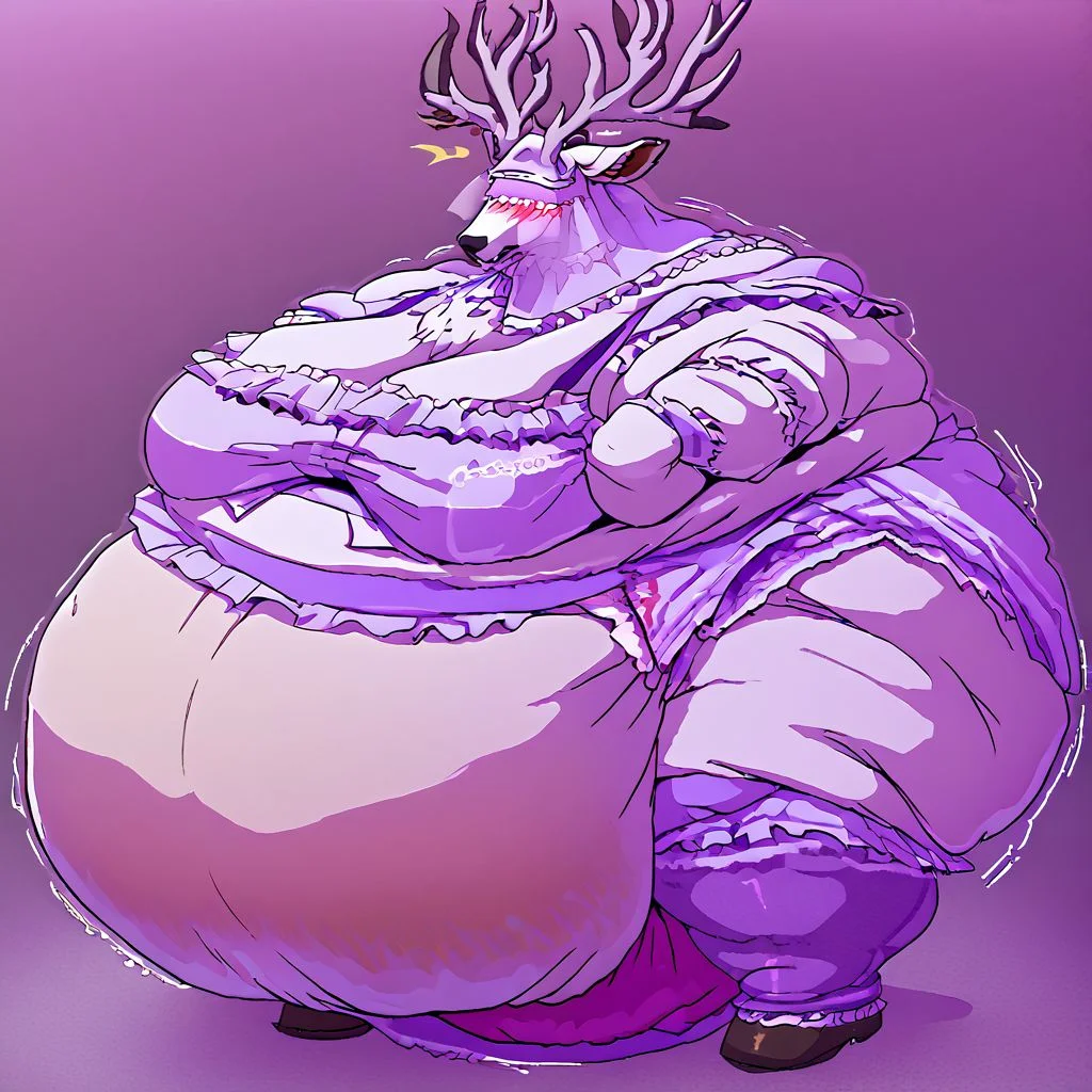 bbvicamelia, antlers, big antlers, veil, frilly veil, immobile, fat, chubby, plump, obese, large breasts, big butt, fat cheeks, wearing dr3ss, satin maid outfit, short poofy voluminous skirt, frills, apron, thighhighs, takeda hiromitsu style, diaper, big diaper, purple diaper, huge diaper, massive diaper, blue diaper, pink diaper, blush, waddle