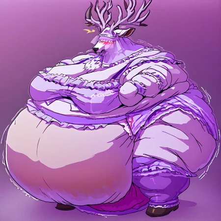 bbvicamelia, antlers, big antlers, veil, frilly veil, immobile, fat, chubby, plump, obese, large breasts, big butt, fat cheeks, wearing dr3ss, satin maid outfit, short poofy voluminous skirt, frills, apron, thighhighs, takeda hiromitsu style, diaper, big diaper, purple diaper, huge diaper, massive diaper, blue diaper, pink diaper, blush, waddle