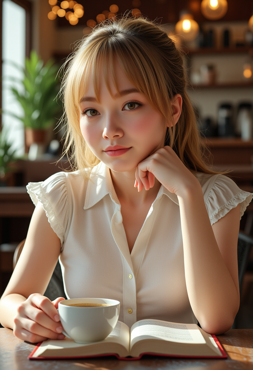 She is approximately 18 years old. Hyperrealism, she is looking at the camera, (dynamic angles), profile headshots of a beautiful, stunning unique female character. she has blonde hair. her eyes are filled with joy and excitement, extravagant eyelashes, a photo of Kitti3, a woman wearing  a white frilly shirt. She is sitting in a café, indoors, reading a book, with a cup of coffee sitting on the table in front of her. The café is decorated for Christmas.  The woman is posing confidently. She has a slight smile on her face and is looking directly at the camera. making this image a masterpiece of photography and digital art. realistic. making this image a masterpiece of photography and digital art. Style: realistic hyper-detailed rendering, 32k UHD, expressive eyes, punk, graphic design, girl's face, pretty and cute, gleaming lips, telling a tale of adventure. Exuding confidence and serenity. The overall mood of the image is happy and relaxed,detailed skin texture,(blush:0.2),(goosebumps:0.3),subsurface scattering,whimsical,Detailed hand, Perfect hand. Perfection style.