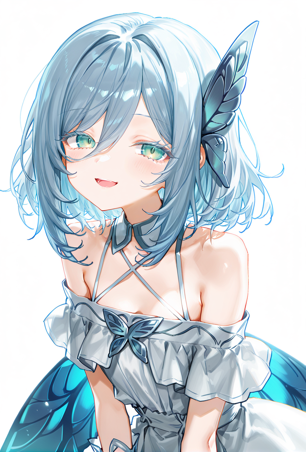 1girl, sensitive, (artist:sincos:0.4), (artist:deadflow:0.5), (artist:ao+beni:0.9), (artist:quasarcake:0.85), (artist:nanashi \(nlo\):0.1), (artist:tianliang duohe fangdongye:1), <lora:Vanya-05:1>, vanya, blue wings, butterfly wings, off-shoulder dress, white dress, bare shoulders, short sleeves, wrist cuffs, butterfly hair ornament, criss-cross halter, smile, blush, open mouth, looking at viewer, (white background:1.2), masterpiece, best quality, amazing quality, very aesthetic, absurdres, newest, scenery, <lora:deal360acv illustrious 006:0.45>, <lora:dj_sloppa_ill_v2:0.2>, <lora:nyalia:0.35>