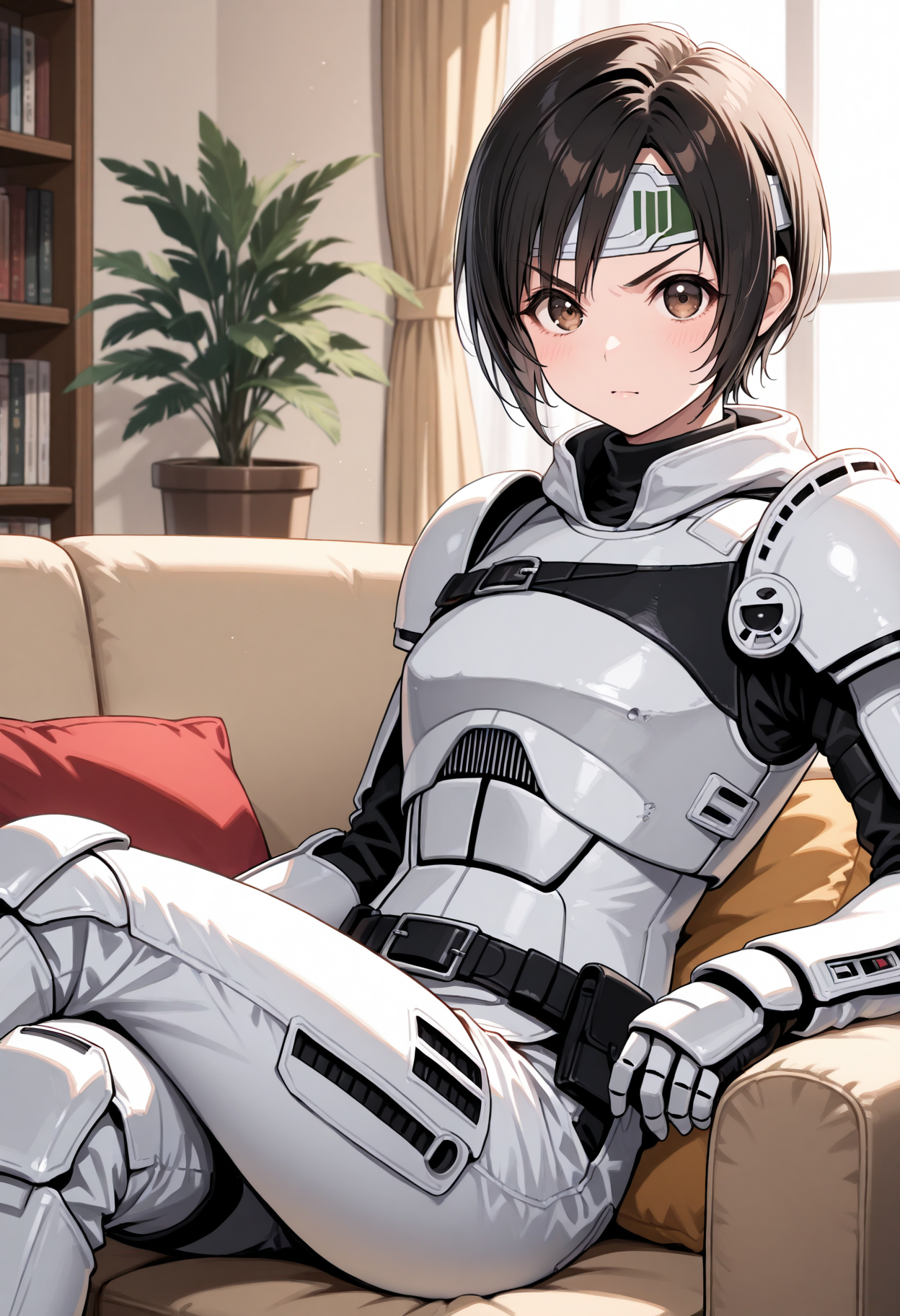 masterpiece, best quality, 1girl, solo, yuff7, short hair, black hair, stormtrooper, armor, indoors, couch, sitting, crossed legs, brown eyes, forehead protector, living room, cushion, potted plant, bookshelf, on couch, looking at viewer, v-shaped eyebrows, closed mouth