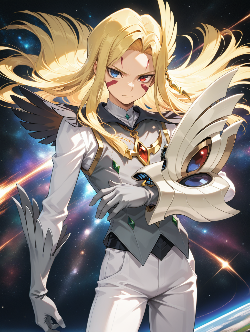 mizael,solo,1boy,duel disk,male focus,grey vest,grey gloves,white pants,gold hair ornament,looking at viewer,facial tattoo,closed mouth,heterochromia,space,
masterpiece,best quality,amazing quality,very aesthetic,absurdres,newest,<lora:Galaxy-Eyes Tachyon Dragon illuXL v1:0.82>,