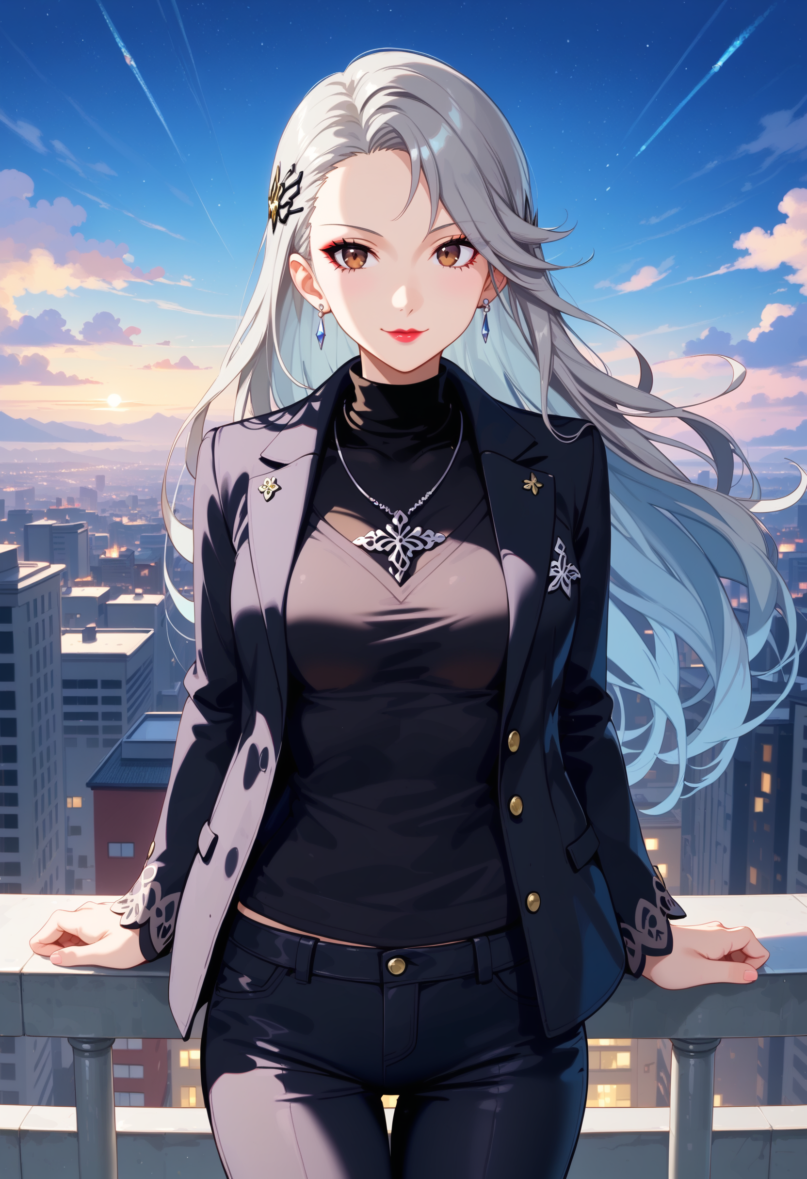 score_9, score_8_up, score_7_up,BREAK 1girl,saeniijima,smiling,makeup, gray - haired,looking at viewer,lipstick, hair ornament, brown eyes, black jacket, long sleeves, black sweater, turtleneck sweater, black pants, earrings, necklace, standing against roof railing,outdoors,hair fluttering in the wind,rooftop,night,star in the sky,Tokyo,,<lora:persona5_saeniijima_ponyXL:1>, (<lora:StS_PonyXL_Detail_Slider_v1.4_iteration_3:1>:0.6)