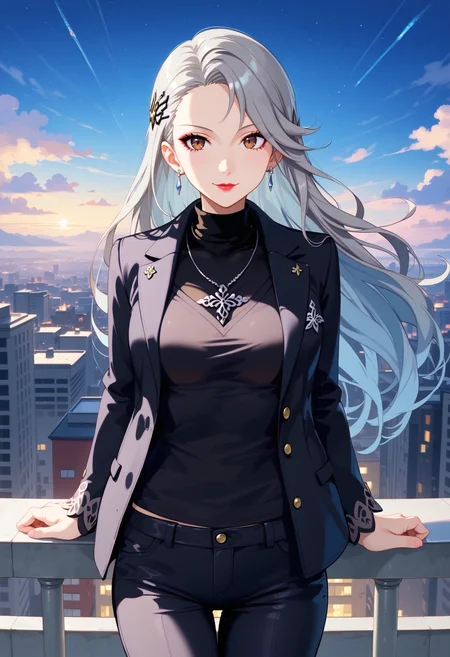 score_9, score_8_up, score_7_up,BREAK 1girl,saeniijima,smiling,makeup, gray - haired,looking at viewer,lipstick, hair ornament, brown eyes, black jacket, long sleeves, black sweater, turtleneck sweater, black pants, earrings, necklace, standing against roof railing,outdoors,hair fluttering in the wind,rooftop,night,star in the sky,Tokyo,,<lora:persona5_saeniijima_ponyXL:1>, (<lora:StS_PonyXL_Detail_Slider_v1.4_iteration_3:1>:0.6)