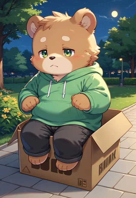 score_9, score_8,score_7, source_furry, anthro, furry, male, brown bear, chubby, fat, detailed background, green hoodie, green eyes, sleepy, outdoor, park, b0xe,in box,chibi,cardboard box, black cargo pants, night, zPDXL3
