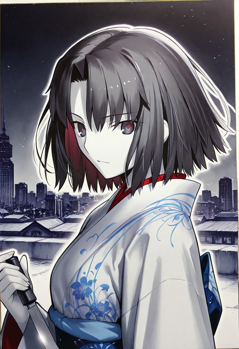 masterpiece, best quality, highres, very awa, newest, absurdres, ink \(medium\), hatching \(texture\), spot color, greyscale with colored background, white outline, thick outline, looking at viewer, (upper body:1.4), black background, shaven side, Bird's-eye view, (Close-up: 1.3), Face focus, Precise fingers, precise hands, outdoor,The rooftop of a building, night, concrete buildings, 1girl, solo, from side, looking at viewer, ryougi shiki\(kara no kyoukai\), official art, mystic eyes of death perception, Red pupils, black hair, hair intakes, short hair, skinny, red jacket, long sleeves, japanese_clothes, blue kimono, Ryougi Shiki Knife, Holding theKnife,high definition eyes,high gradient eyes,detailed eyes,eyesHD,Ink art,sumi-e artstyle,brushstrokes,flowing ink strokes,monochrome ink,sharp ink strokes,colorful ink,dramatic ink strokes,ink composition,ink design,monochrome, greyscale, ink \(medium\), takeuchi takashi, NEGATIVE_HANDS