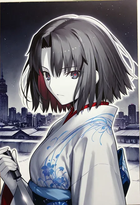 masterpiece, best quality, highres, very awa, newest, absurdres, ink \(medium\), hatching \(texture\), spot color, greyscale with colored background, white outline, thick outline, looking at viewer, (upper body:1.4), black background, shaven side, Bird's-eye view, (Close-up: 1.3), Face focus, Precise fingers, precise hands, outdoor,The rooftop of a building, night, concrete buildings, 1girl, solo, from side, looking at viewer, ryougi shiki\(kara no kyoukai\), official art, mystic eyes of death perception, Red pupils, black hair, hair intakes, short hair, skinny, red jacket, long sleeves, japanese_clothes, blue kimono, Ryougi Shiki Knife, Holding theKnife,high definition eyes,high gradient eyes,detailed eyes,eyesHD,Ink art,sumi-e artstyle,brushstrokes,flowing ink strokes,monochrome ink,sharp ink strokes,colorful ink,dramatic ink strokes,ink composition,ink design,monochrome, greyscale, ink \(medium\), takeuchi takashi, NEGATIVE_HANDS