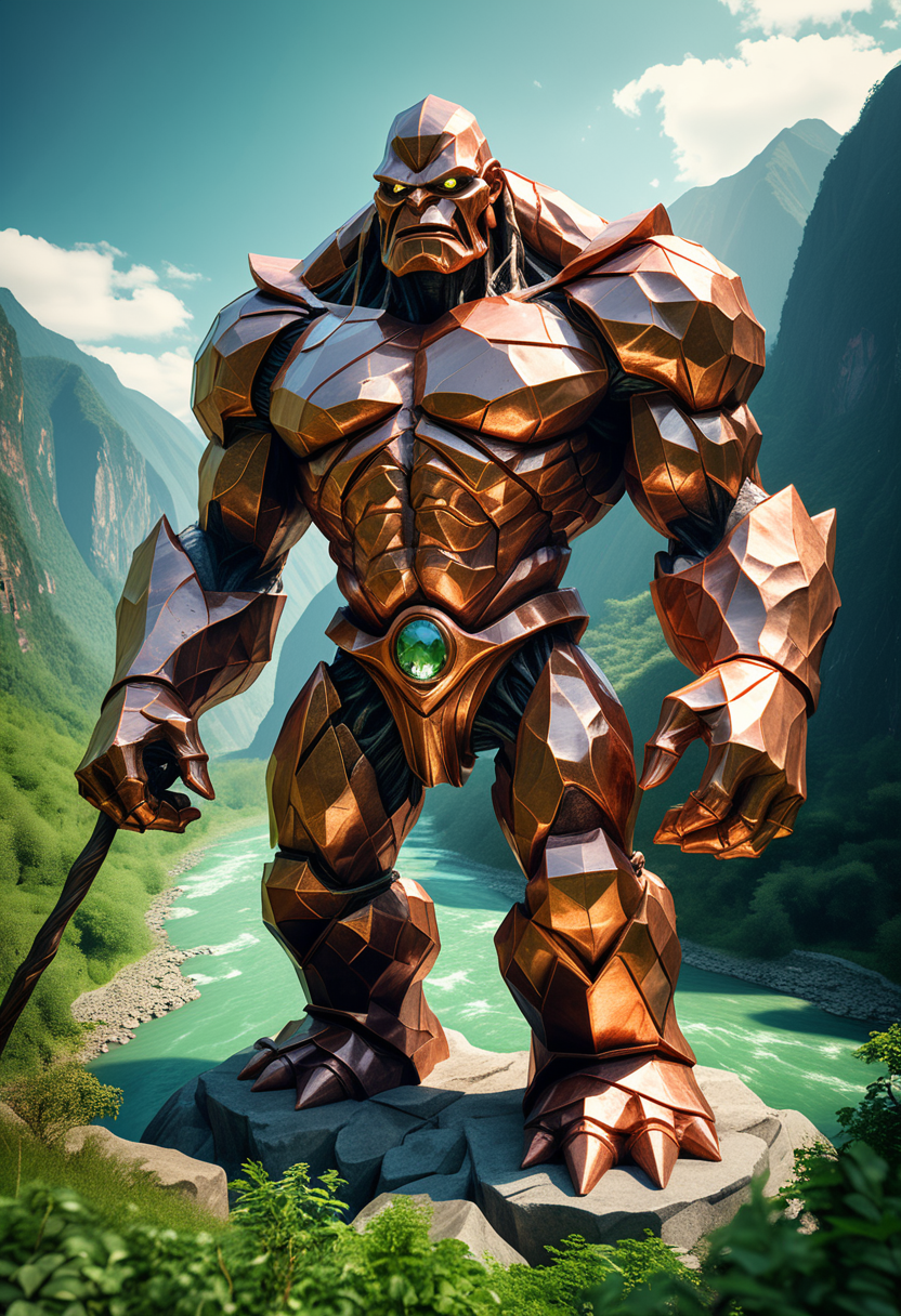 award winning, (professional photo) of (towering golem made of copper), towering size,  holding a crystal staff, set in  a mountain valley, with a flowing river, lush greenery, towering peaks, during the day, , creative, beautiful, vibrant, masterpiece, 64k, UHD, HDR, full view, atmospheric lighting, extremely detailed