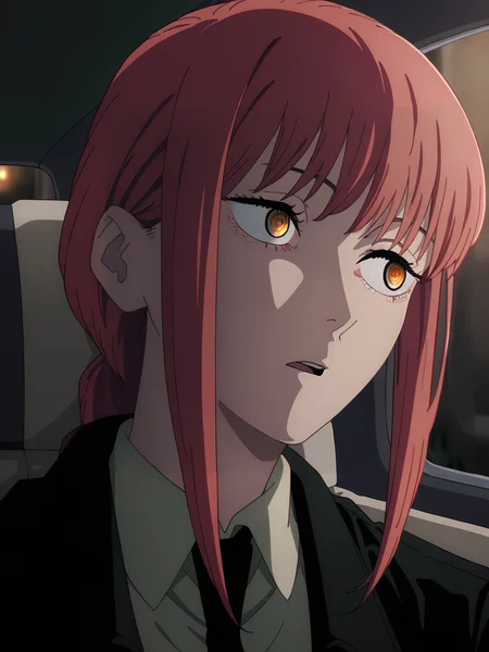 <lora:Makima:0.8>, makima (chainsaw man), 1girl, solo, yellow eyes, red hair, braided ponytail, sidelocks, shirt tucked in, black necktie, trench coat, bored, open mouth, upper teeth only, looking to the side, sitting, head rest, turning head, portrait, car interior, sidelighting