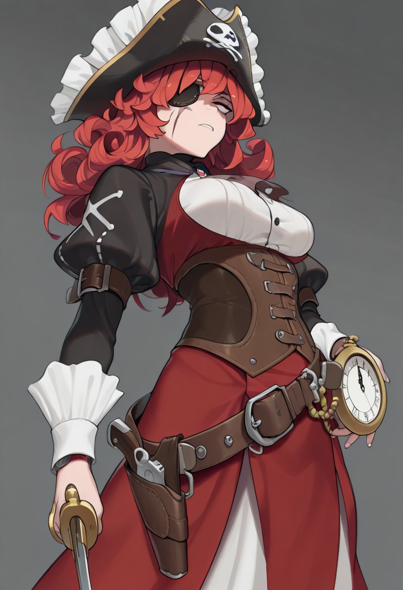 masterpiece, best quality, amazing quality, very aesthetic, high resolution, ultra-detailed, absurdres, 1girl, solo, amrkdrw, clock, watch, gear belt, dress, breasts, juliet sleeves, sword, flintlock, pirate hat, eye patch, red hair, curly hair, scar,