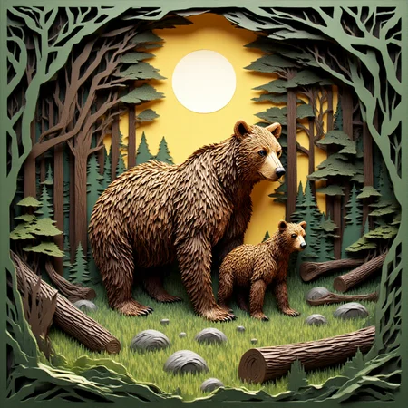 <lora:Paper_Quilling_And_Layered_Paper_Style:1.2> Paper Quilling, Layered Paper,A large grizzly bear standing protectively next to its medium-sized cub in the middle of a dense forest. The bears are surrounded by towering pine trees, moss-covered rocks, and fallen logs. Sunlight filters through the leaves, casting dappled shadows on the forest floor. The fur on both bears is detailed, with the adult bear showing signs of strength and wisdom, while the cub stands curiously beside, mimicking the adult's posture. The scene is photorealistic, with intricate details in the bears' fur and the natural forest environment.