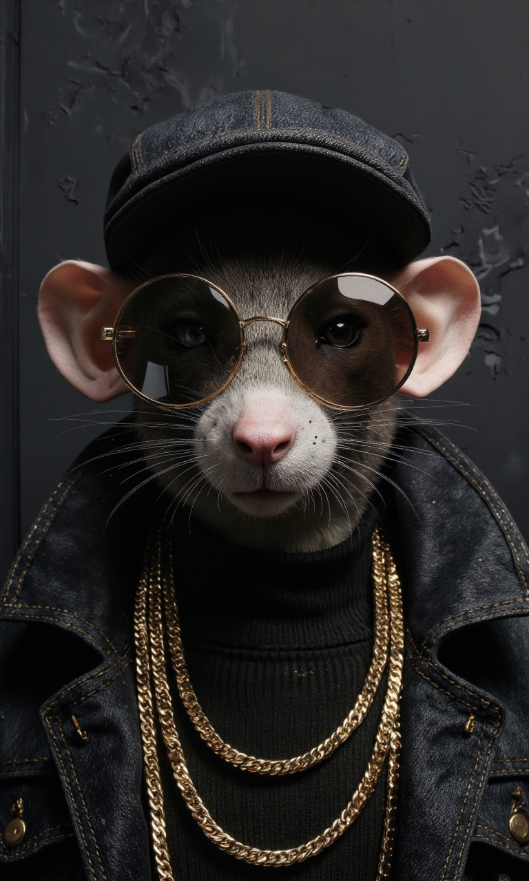 ZooPolis art. A photo-realistic shoot from a portrait camera angle about a anthropomorphic anthropomorphic mouse wearing sunglasses and a black jacket with gold chains, set against a dark, textured background. the image also shows a close-up of the mouse's face, with its whiskers visible, looking directly at the viewer. on the middle of the image, a young boy, who appears to be around 6 years old, is standing with his upper body visible, wearing a black denim jacket, a black turtleneck sweater, and gold chains around his neck. he has a serious expression, with a small nose and whiskers. the mouse is wearing round, gold-framed sunglasses, and a cap on his head, giving him a stylish and sophisticated look. the background is a textured, dark-colored wall, adding to the overall moody atmosphere of the photo.