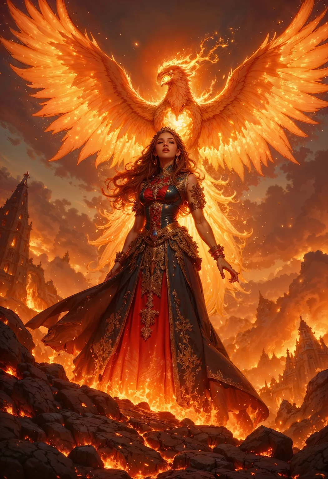 Amidst a fiery wasteland of smoldering ash and volcanic stone, a regal figure rises with commanding grace. Her flowing gown appears to be woven from molten lava and flickering embers, shifting and alive with the heat of her presence. Above her soars a magnificent phoenix, its wings ablaze with radiant flames that cast a golden-red glow across the scene. The woman's eyes burn like molten gold, reflecting the power of her companion, and her hands are wreathed in fire, ready to summon destruction or renewal. The phoenix's cry echoes like a hymn of rebirth, its flames scattering into the wind like sparks of creation. The air around them shimmers with heat, distorting the horizon into a mirage of fire and fury, as the empress stands resolute in her dominion.