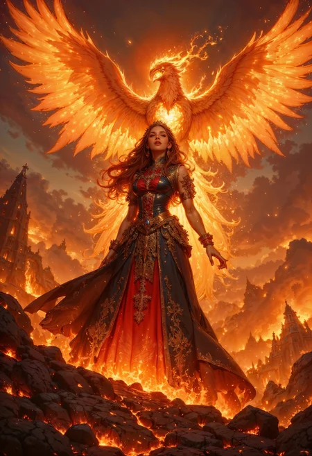Amidst a fiery wasteland of smoldering ash and volcanic stone, a regal figure rises with commanding grace. Her flowing gown appears to be woven from molten lava and flickering embers, shifting and alive with the heat of her presence. Above her soars a magnificent phoenix, its wings ablaze with radiant flames that cast a golden-red glow across the scene. The woman's eyes burn like molten gold, reflecting the power of her companion, and her hands are wreathed in fire, ready to summon destruction or renewal. The phoenix's cry echoes like a hymn of rebirth, its flames scattering into the wind like sparks of creation. The air around them shimmers with heat, distorting the horizon into a mirage of fire and fury, as the empress stands resolute in her dominion.