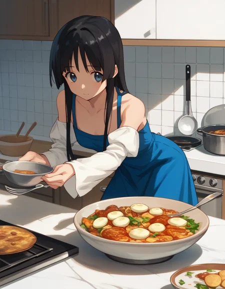 <lora:aoba-ponyxl-000020:1> tsuzaki, black hair,
blue dress, bare shoulders, white sleeves,
1girl, kitchen, cooking, score_9, score_8_up, score_7_up, score_6_up, score_5_up, score_4_up