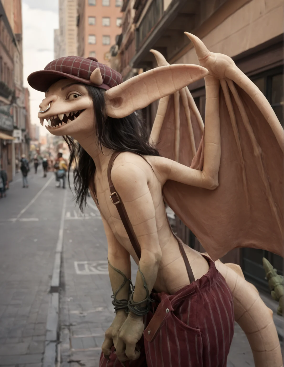 score_9, score_8_up, score_7_up, score_6_up, score_5_up, score_4_up, ivy \(deadlock\), deadlock, valve, gargoyle, 4 fingers, anthro, big ears, black hair, bottomwear, clothed, clothing, facial piercing, fangs, featureless chest, female, fingers, flat chested, hair, hat, headgear, headwear, horn, leaning, leaning forward, (hunched over:1.2), long ears, looking at viewer, nose piercing, nose ring, oversized bottomwear, oversized clothing, oversized pants, pants, piercing, ring piercing, septum piercing, septum ring, sharp teeth, smile, solo, suspenders, tail, teeth, topless, wings, detailed background, outside, city, new york, tan body, (short:1.1), realistic, photorealism, rock creature, stone skin, side view
<lora:ivy-deadlock-v2_pdxl:0.8>