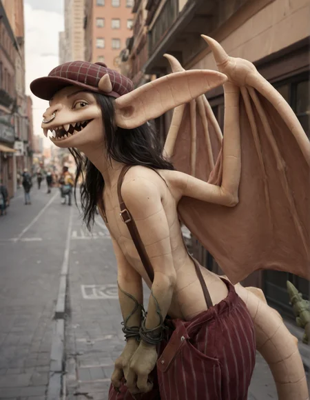 score_9, score_8_up, score_7_up, score_6_up, score_5_up, score_4_up, ivy \(deadlock\), deadlock, valve, gargoyle, 4 fingers, anthro, big ears, black hair, bottomwear, clothed, clothing, facial piercing, fangs, featureless chest, female, fingers, flat chested, hair, hat, headgear, headwear, horn, leaning, leaning forward, (hunched over:1.2), long ears, looking at viewer, nose piercing, nose ring, oversized bottomwear, oversized clothing, oversized pants, pants, piercing, ring piercing, septum piercing, septum ring, sharp teeth, smile, solo, suspenders, tail, teeth, topless, wings, detailed background, outside, city, new york, tan body, (short:1.1), realistic, photorealism, rock creature, stone skin, side view
<lora:ivy-deadlock-v2_pdxl:0.8>